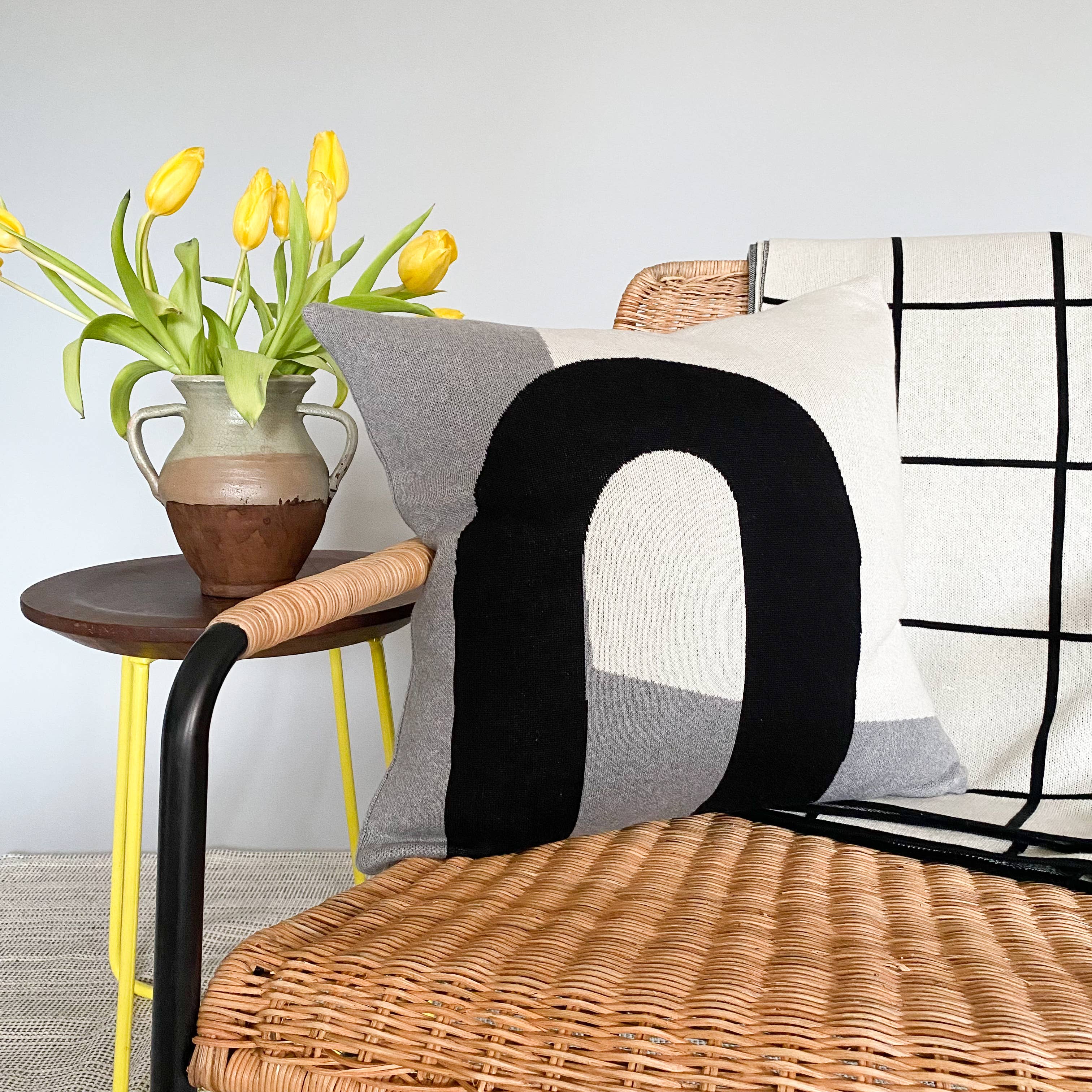 Cotton Knit Throw Blanket - Grid Black