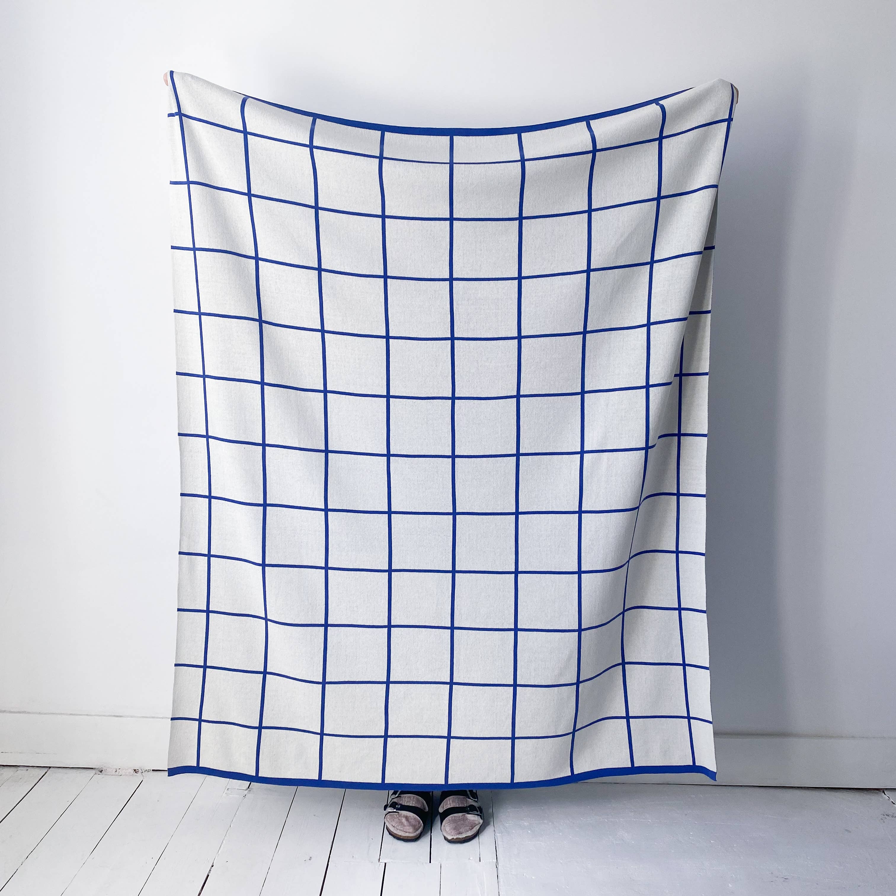 Cotton Knit Throw Blanket - Grid Cobalt
