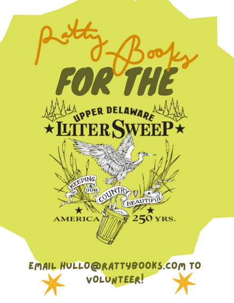 Promotional graphic for Ratty Books' Liter Sweep event with a bird illustration on a yellow background.