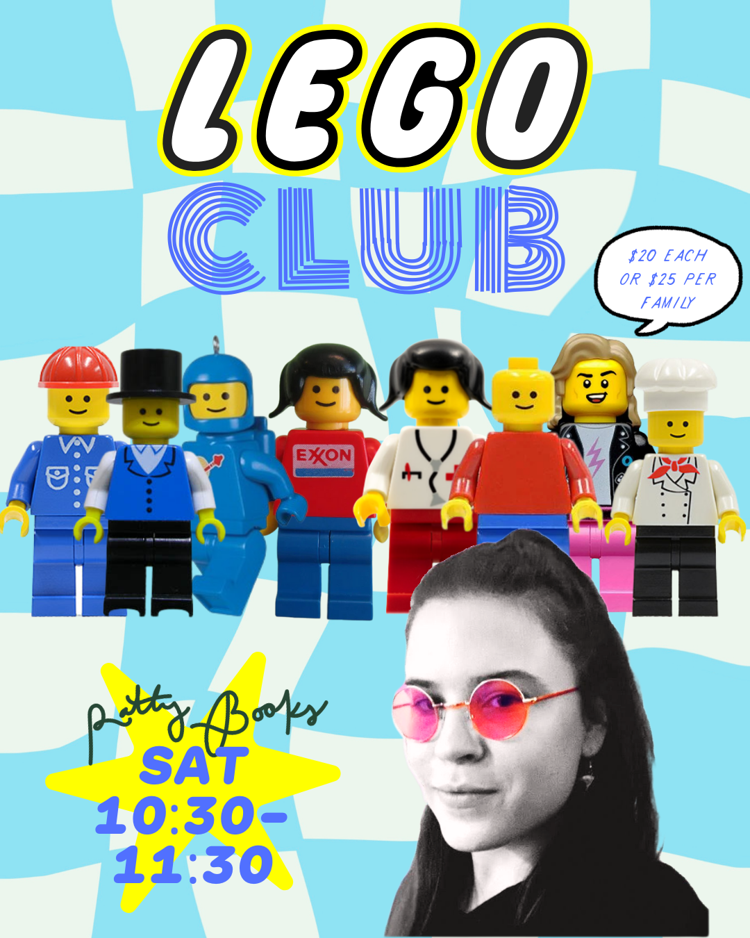 Promotional poster for a LEGO club event with LEGO figures and a person's face.